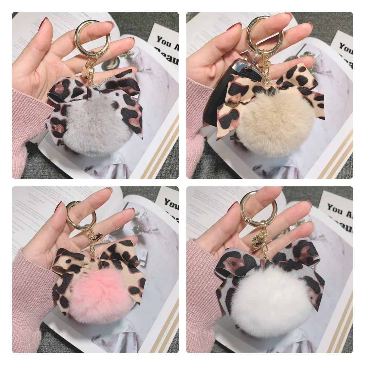 

2021 New Leopard Print Bowknot Fur Ball Keychains Female Rabbit Plush Key Chain Personality Diy Bag Decorative Keyrings Pendant