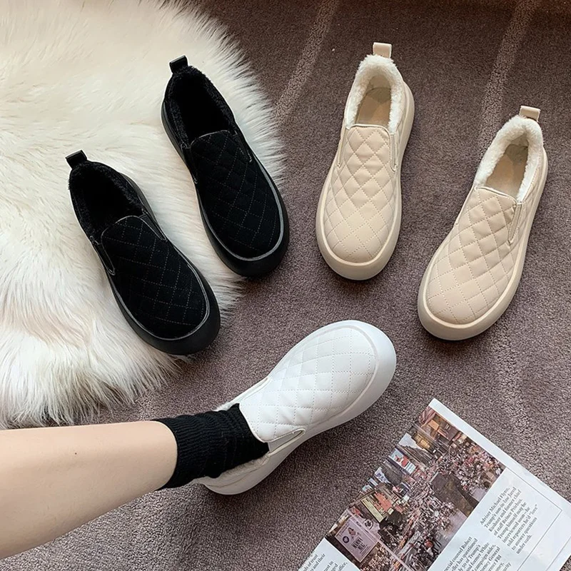 

Winter Shoes Women Female Footwear Modis Round Toe Clogs Platform Dress 2021 Creepers New Basic Ankle Slip-On PU Fur Shearling S