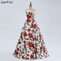 janevini vestido rojo red flowers prom dresses long 2022 popular floral print pleat zipper back evening dress formal party gowns