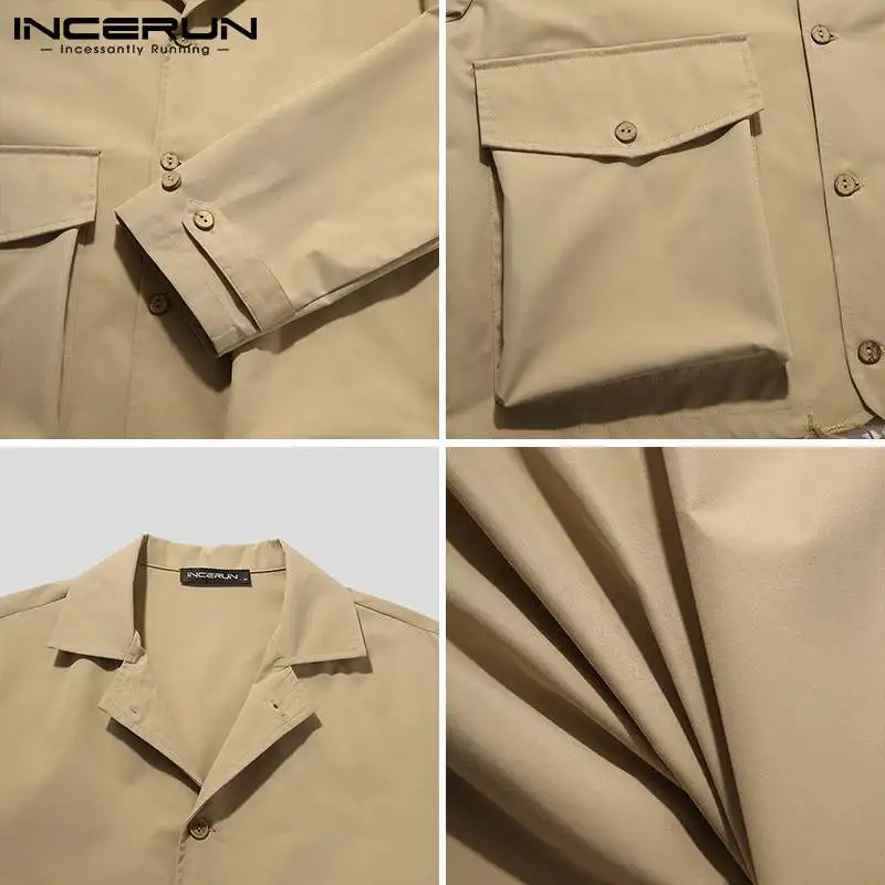 

Vintage Men Shirt Turn Down Collar Long Sleeve Button Casual Tops 2021 Pockets Streetwear Leisure Camisa Masculina S-5XL INCERUN