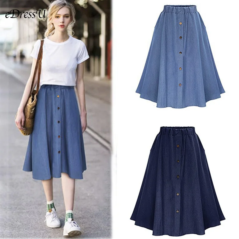 

A-line Denim Skirt High Waist Casual Skirt Women Loose Midi Long Skirt Cotton Buttons Spring Summer Office Daily Skirt LS-9830