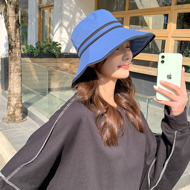 

New Wide Brim Sun UV Protection Bucket Hats For Women Men Summer Girls Panama Beach Caps Black Cotton Fashion Fisherman's Hat