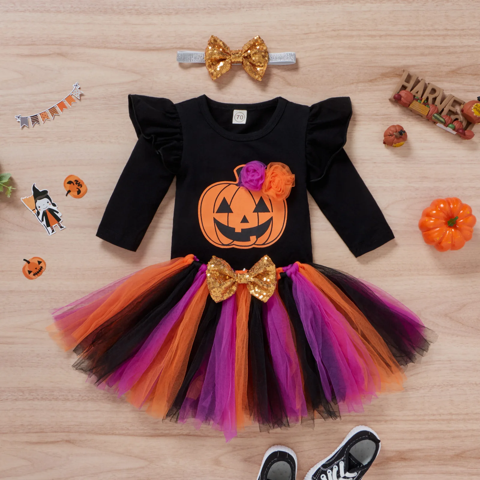 

Shriymariy Halloween Baby Girls Yarn Skirt Headdress Infant Long Sleeve Pumpkin Printed Romper Suits Children Halloween Costumes