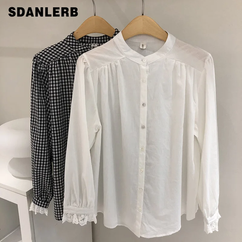 

Рубашка женская с манжетами и кружевом, на раннюю осень, новинка 2021, милый модный топ с воротником-стойкой, блузка с длинным рукавом, свободн...