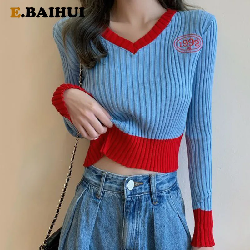 

Женский облегающий свитер EBAIHUI, новинка 2020, Осенний вязаный пуловер с длинным рукавом и вышивкой, джемпер, повседневные зимние женские свите...