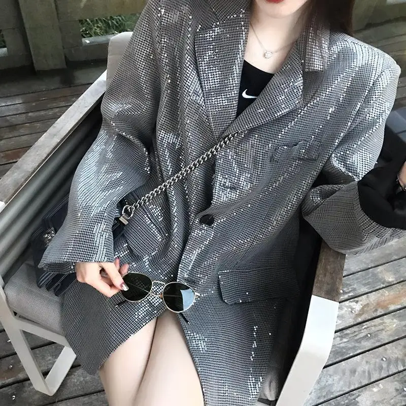 

Bling Bling Korean Style Stylish Suit Coat Women 's Loose Shiny Ins Elegant Casual Suit Top New