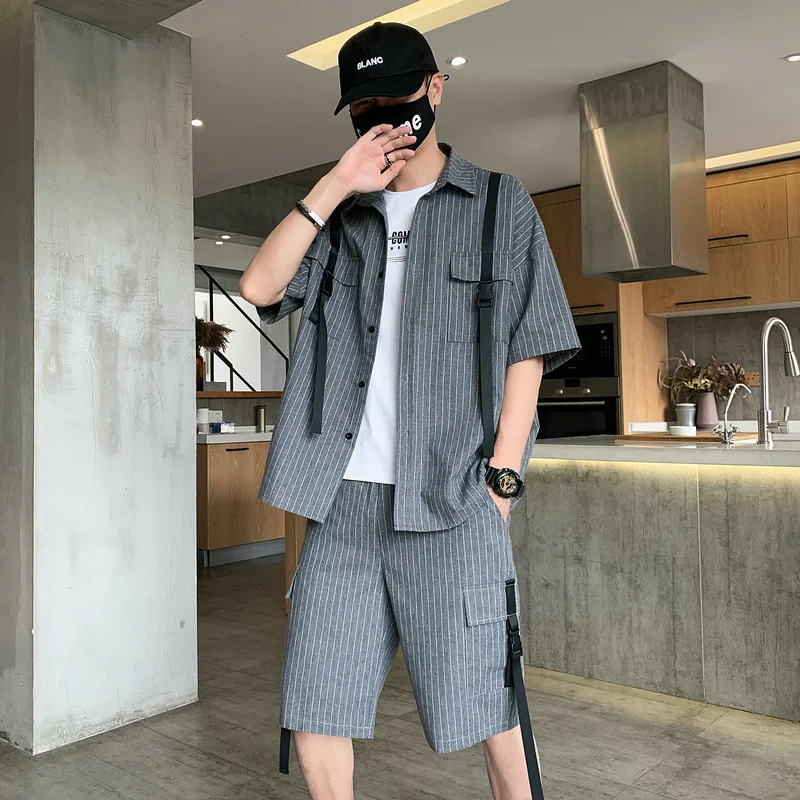 Мужские спортивные костюмы летняя модная Хлопковая полосатая рубашка с коротким