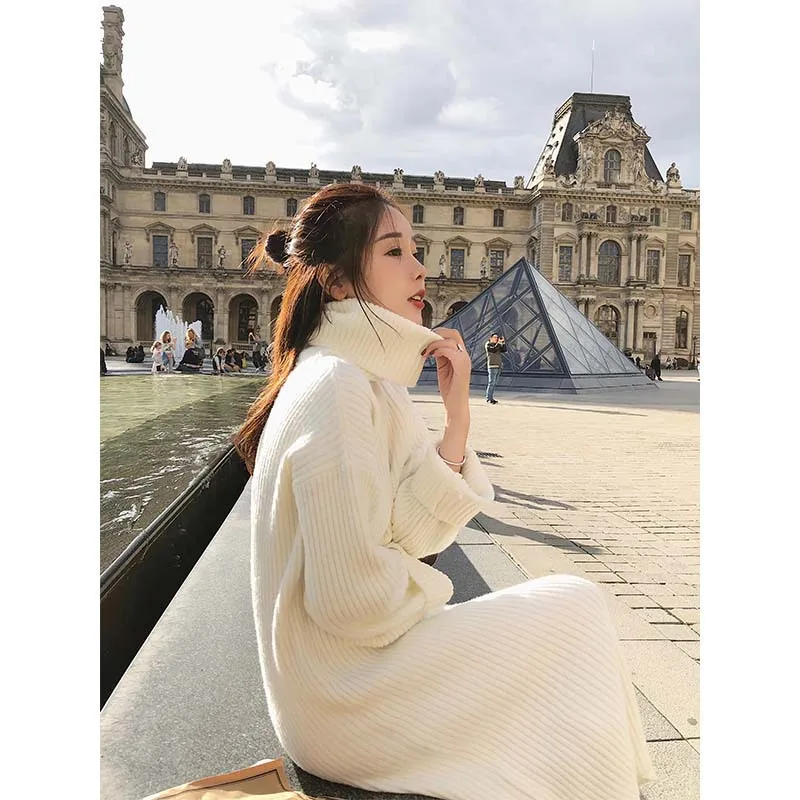 Женское платье свитер новинка 2019 модное свободное плотное газовое с высоким