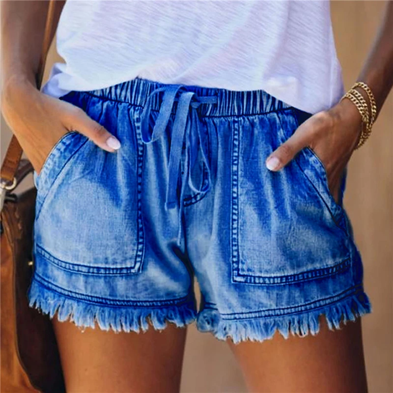 

Summer Ladies Denim Shorts Pockets Elastic Waist Casual High Waist Slim Thin Denim Shorts Women Hotpants