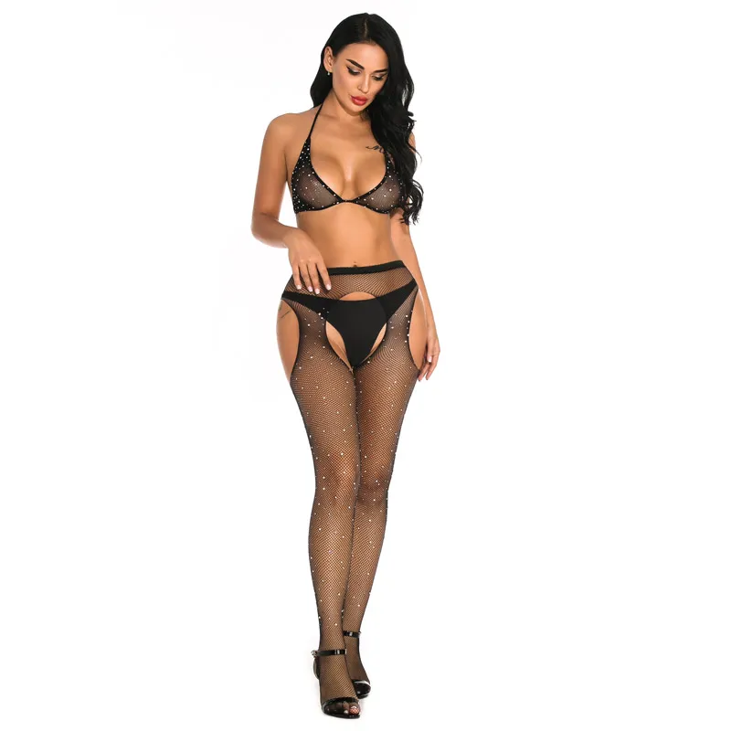 Сексуальные бриллиантовые женские ажурные сетчатые сорочки боди стразы Женская
