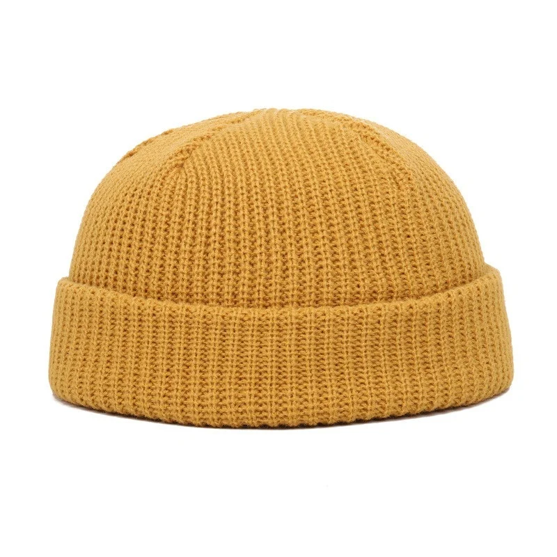 Вязаные шапки для женщин, Кепка с черепом, мужская вязаная шапка, зимняя, Ретро стиль, без полей, мешковатая Кепка с манжетами, рыбацкие шапочки, шапки для мужчин - Цвет: dark yellow