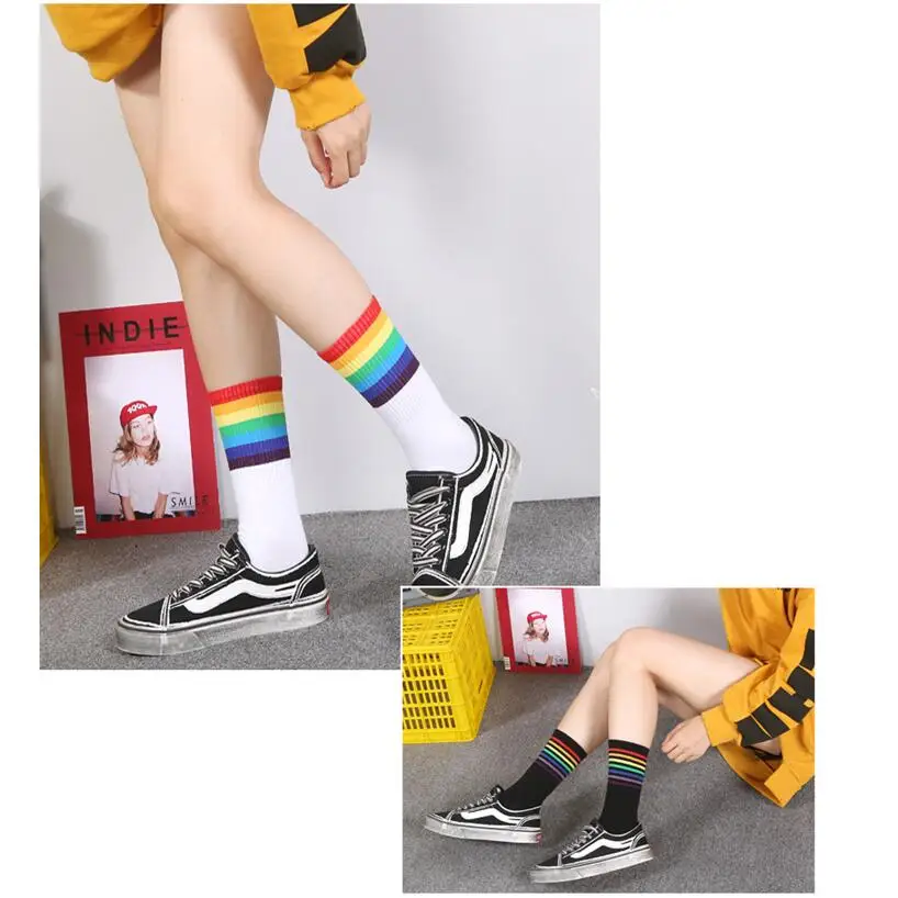 Women Solid Rainbow Cotton Ankle Socks Girls Rainbow Soft Warm Winter Crew Socks Students Black White Knee-High Socks 6pairs/lot