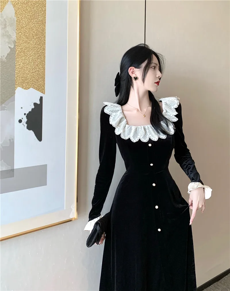 

Женское бархатное платье Sannian, винтажное платье с квадратным вырезом и кружевным воротником, одежда в Корейском стиле для весны и осени