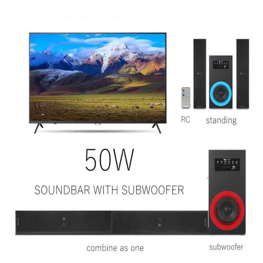 

50W Speaker Bluetooth Computer Speakers Remote Control Soundbar With Subwoofer EQ Standing Music Box Support Aux Tf For PC