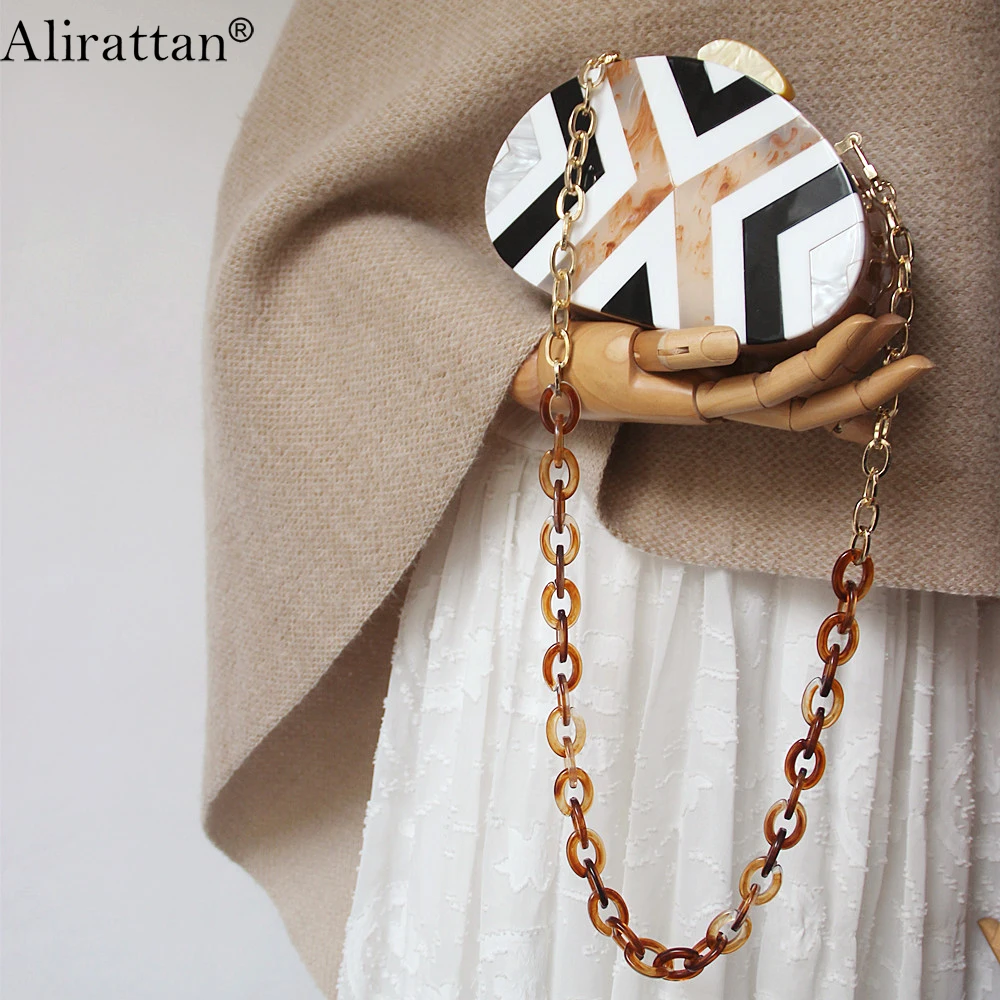 

New Acrylic Evening Bag For Women 2021 Fashion Vintage Design Chain Shoulder Crossbody Bag Luxury Patchwork Oval Dinner Clutch