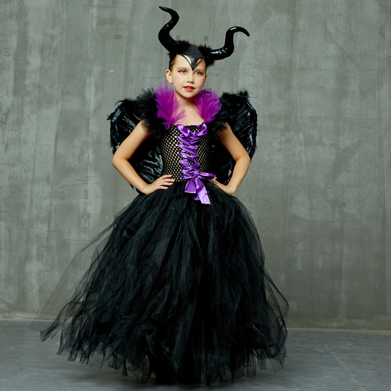 Maleficent/черное платье-пачка с роскошными рогами и крыльями; нарядное платье для девочек; Детский костюм ведьмы для косплея на Хэллоуин