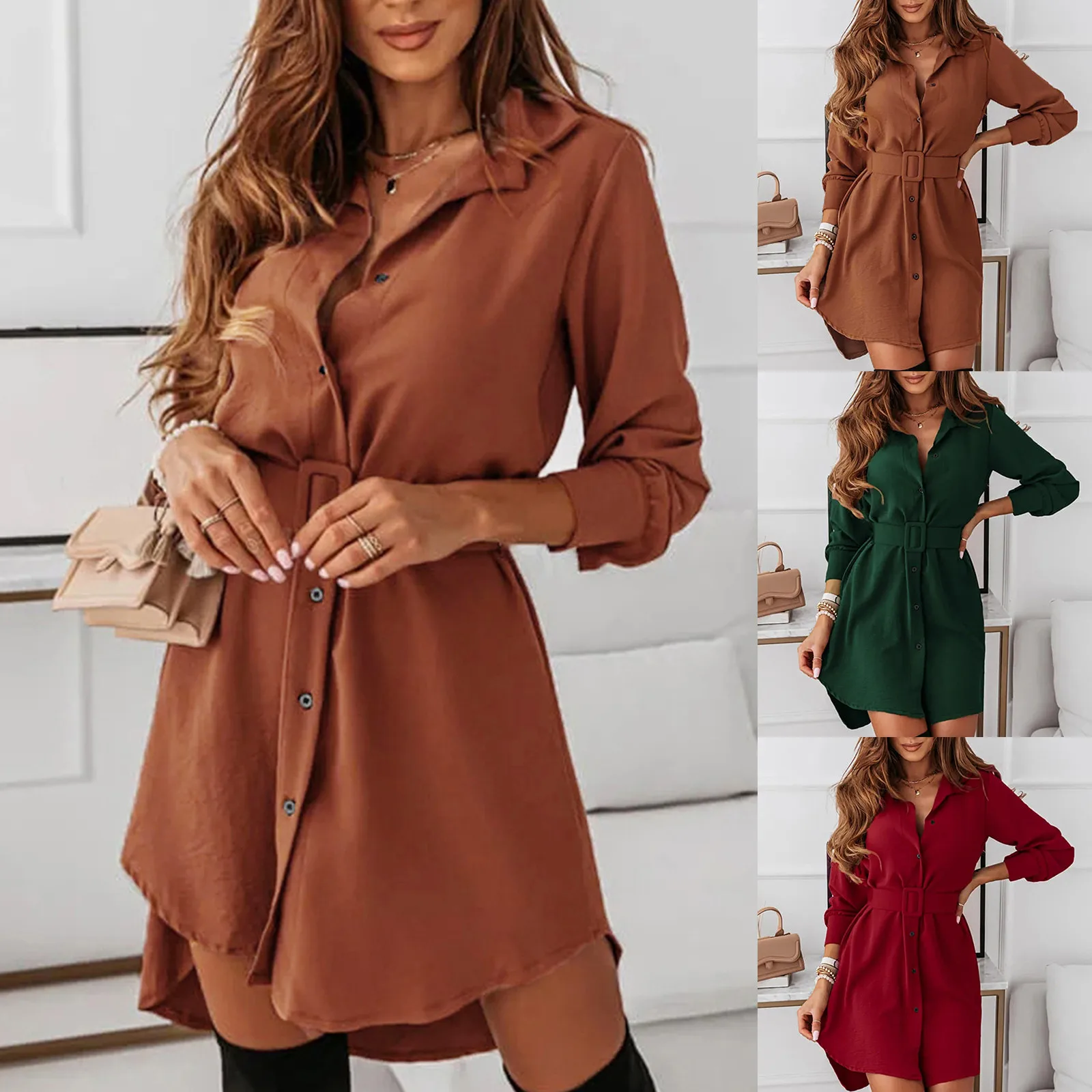 

Autumn&Winter Fashion Women Short Dress Long Sleeve Lapel Slim Casual Button Closure Blouse Casual High Waist Shirt Dress New