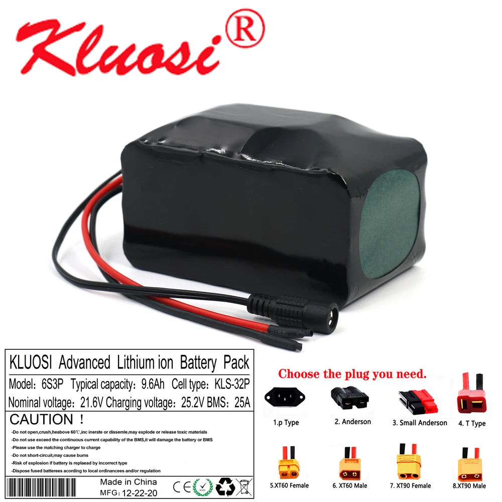 

KLUOSI 6S3P 24V 9.6Ah 21.6V 10Ah 25.2V Lithium Battery Pack for Electric Bicycle Ebike Scooter Wheelchair Cropper with 25A BMS