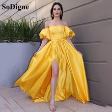 SoDigne – robe de soirée en Satin jaune, épaules dénudées, fente latérale, robe de bal formelle pour femmes, 2021  (4)