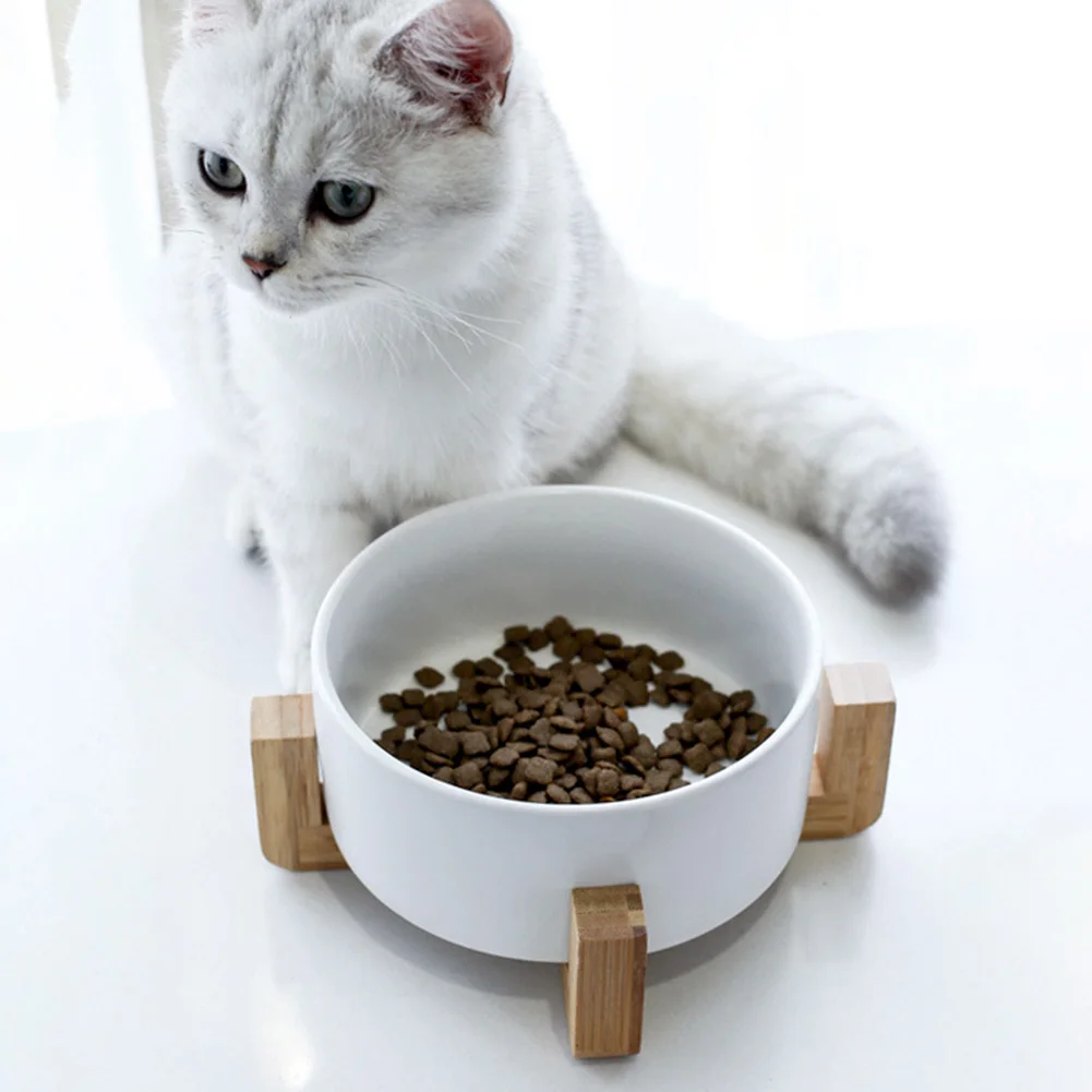 

Ceramic Raised Cat Bowl Pet Food Bowl with Anti-Slip Wooden Stand Protect Cervical Spine Pet Feeding Bowl Pet Supplies I