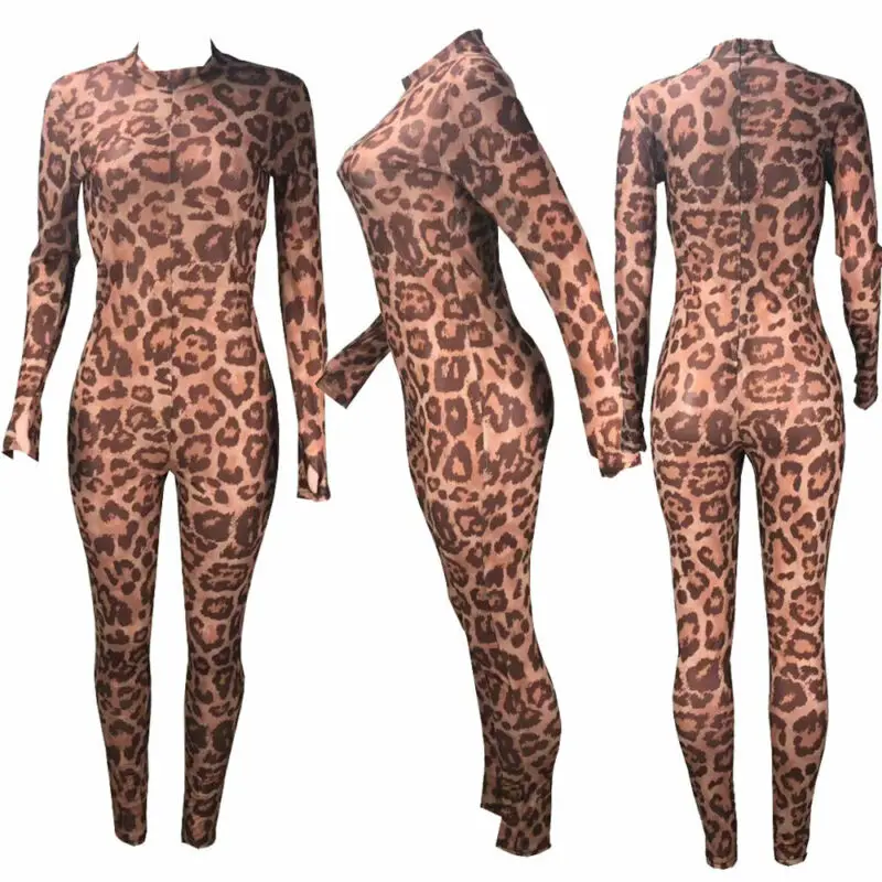 

Women jumpsuit long sleeves Leopard print bodycon clubwear party casual jumpsuit playsuit /BY