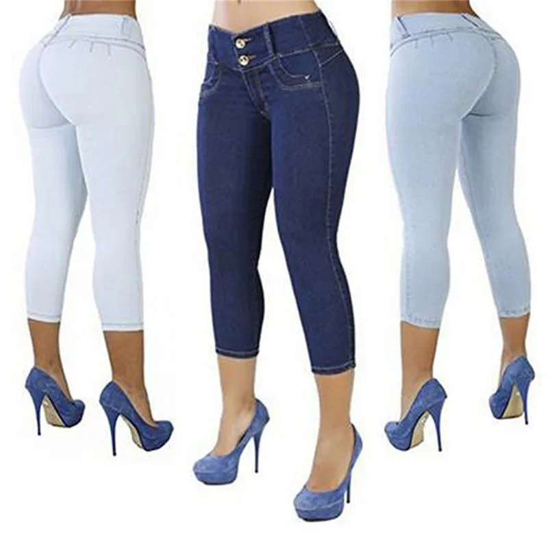 

Women's Jean-like Package Hip Pant Slims Solid Color High-waist Elastic Seven-cent Pants Cotton Blend Casual Wearing 2022 New