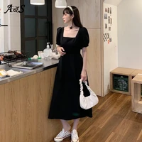 anbenser women solid long dress elegant french style ladies square collar puff sleeve drape high waist simple party dresses