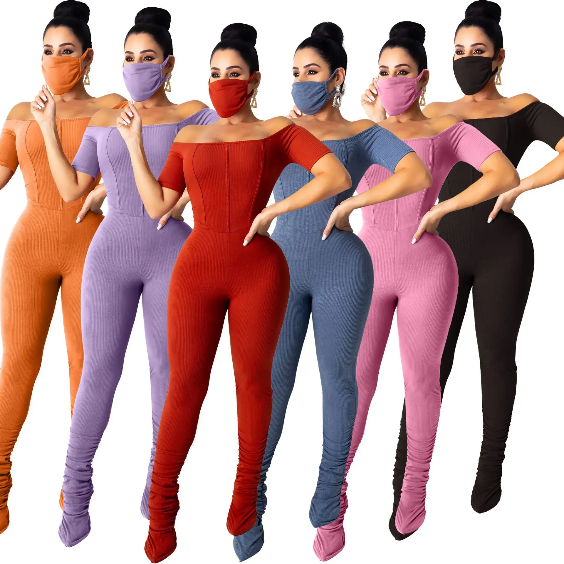 

Sexy Off Shoulder Knit Rib Body Rompers Womens Jumpsuit Elegant Short Sleeve Stacked Leggings Bodycon Jumpsuit Women Overalls