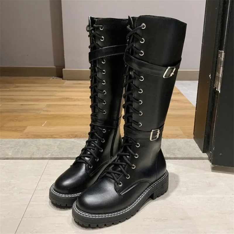 

Winter women's boots warm women's knee-high boots fashion knight boots buckle lace up military combat motorcycle boots 35-42