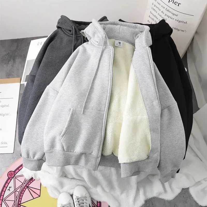 

women autumn and winter loose zipper top coat Solid Sweatshirt Oversized hoodie Clothes Fleece thickened hooded cardigan sweater