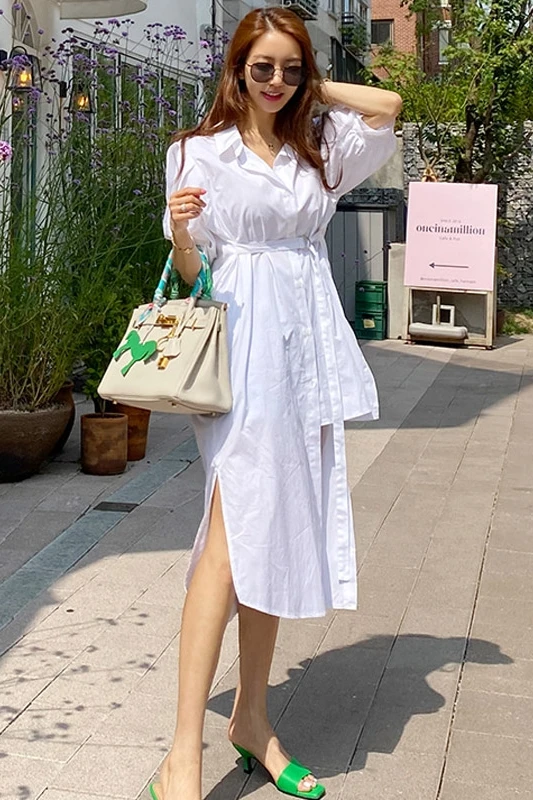

COIGARSAM Casual Women dress New Summer High Waist Dresses White 7140