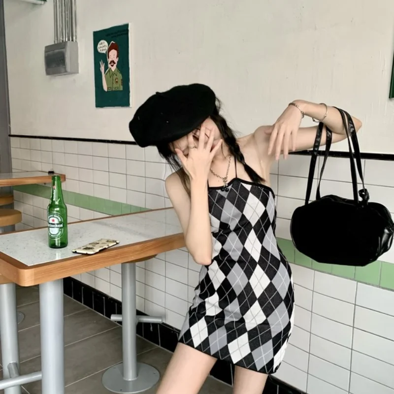 

Harajpoo Dress Women Temperament Knitted Plaid Suspender Summer 2021 New Korean High Waist Thin A Line Sexy Vestidos De Mujer