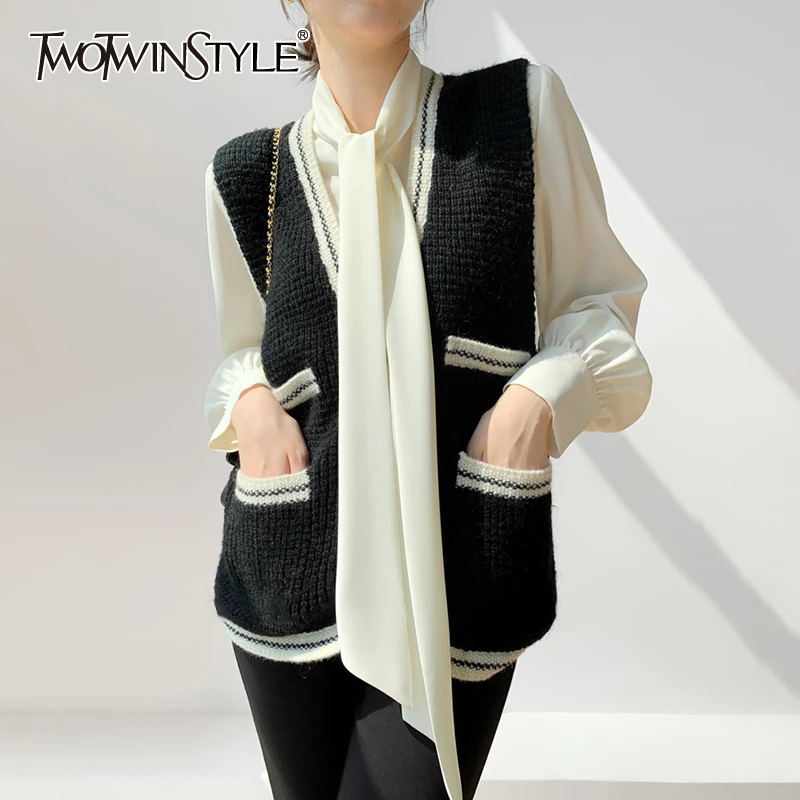 

TWOTWINSTYLE Patchwork Colorblock Vest Coats For Female V Neck Sleeveless High Waist Loose Women's Casual Coat Fashion New