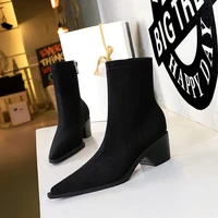 2021 new winter fashion women pointed toe zippers flock boots medium heels short boots black ankle boots ladies valentine shoes