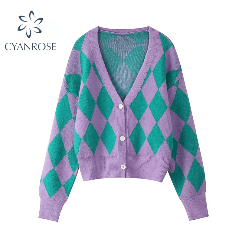 Женский трикотажный кардиган в клетку с V-образным вырезом и длинным рукавом |