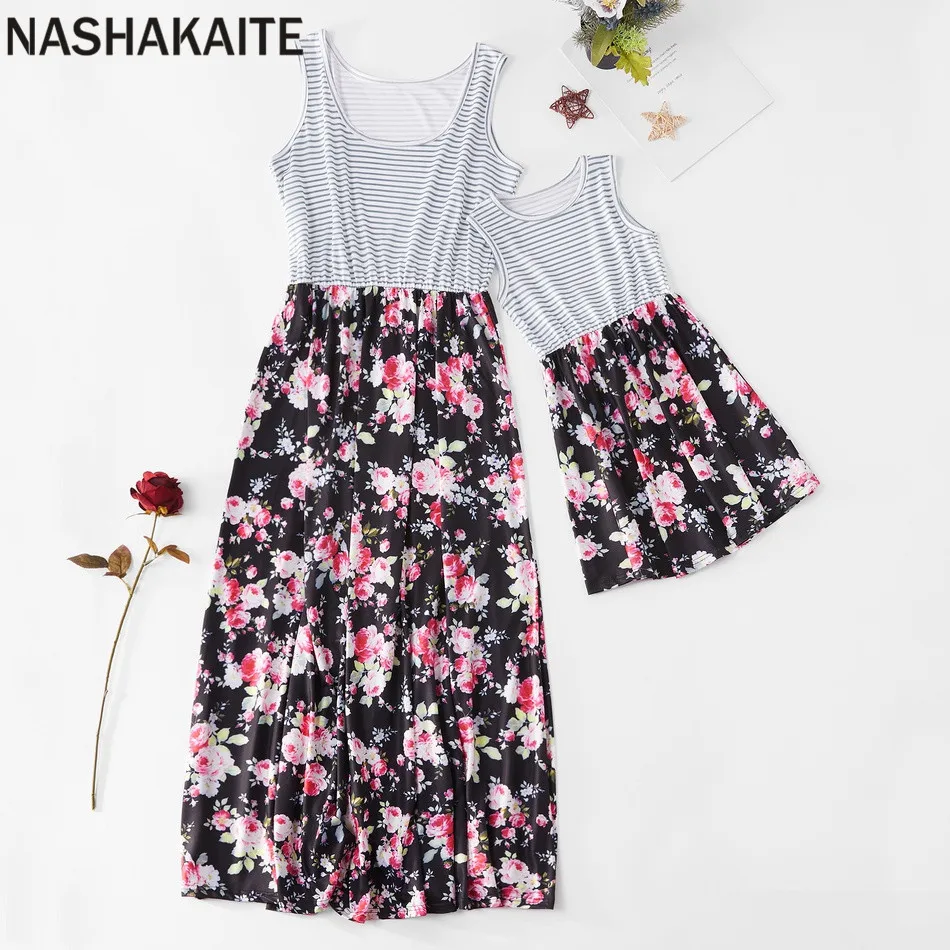 NASHAKAITE/платья для мамы и дочки длинное платье без рукавов в полоску с розой одежда