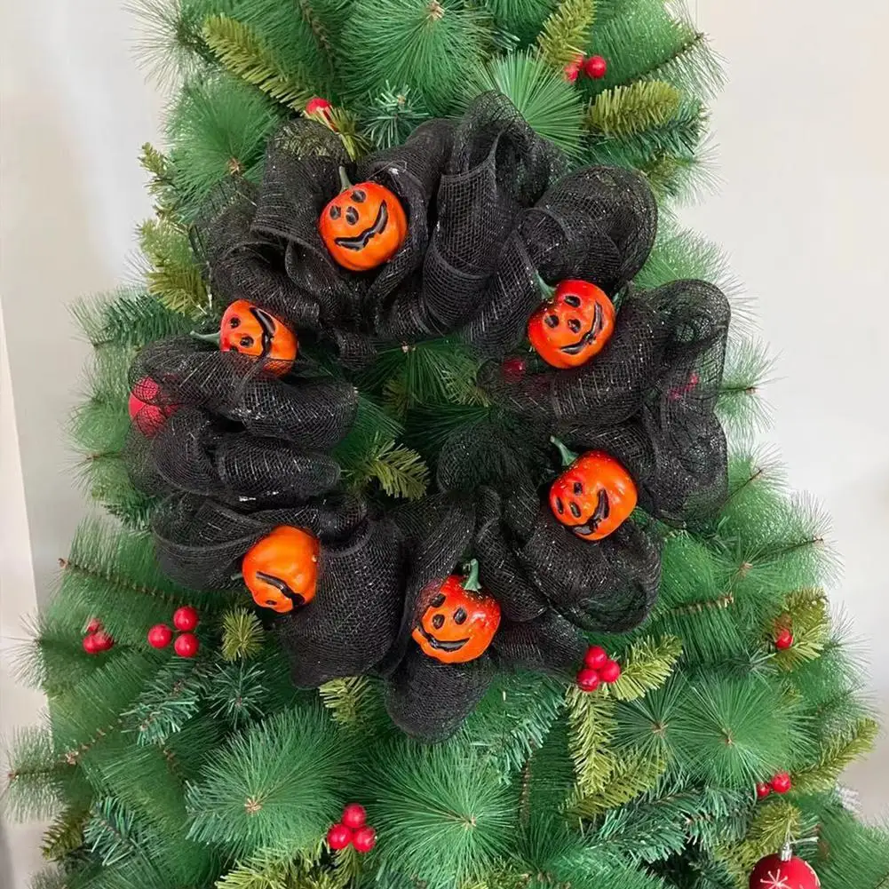 

Autumn Garland Door Wreath Pumpkin Black Mesh Halloween Decorations Festival Vine Ring Thanksgiving Wreath
