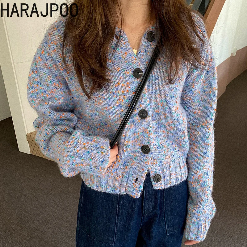 

Женский кардиган Harajpoo, новинка 2021, корейский шикарный винтажный однобортный трикотажный свободный трикотажный кардиган с длинным рукавом ...