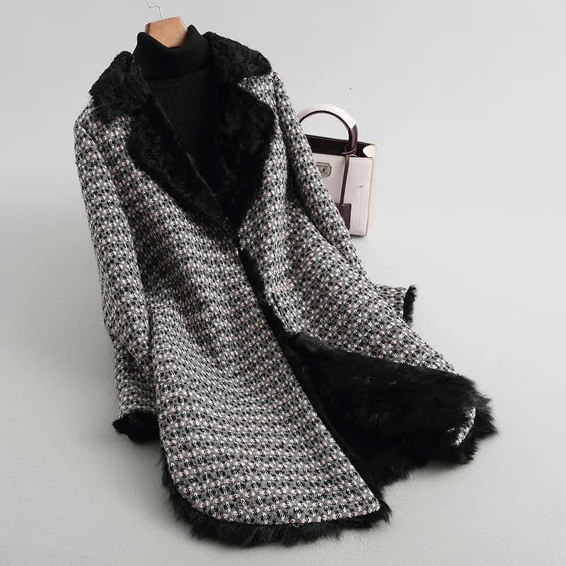 Real Fur Coat Women Tweed Long Sheep Shearling Jacket Winter Wool Coats and Jackets Korean Warm KQN68254 KJ3521 | Женская одежда