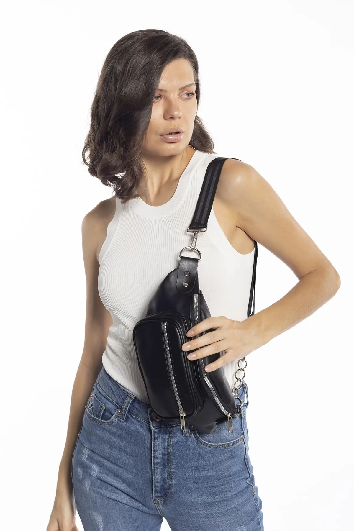 

Black Women 'S Jumpsuit With Pockets Chain Waist Bag