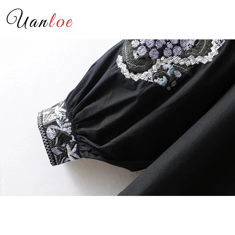 Классические черные топы винтажная Свободная рубашка с цветочной вышивкой