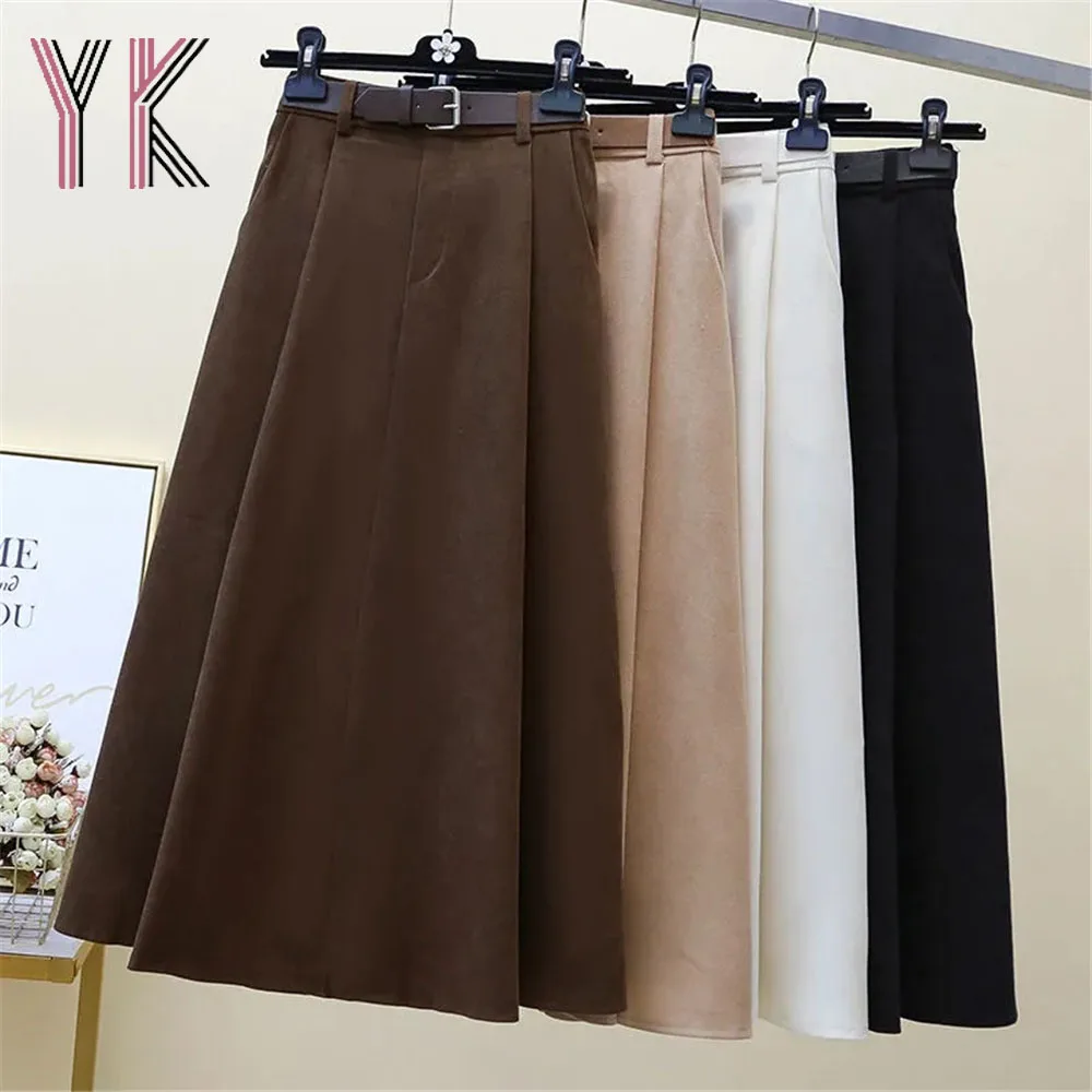 

Fine Corduroy Pleated Pockets Belt Back Elastic High Waist A-Line Midi Skirts Korean Solid Color Elegant Skirt Elegant Fall Saia