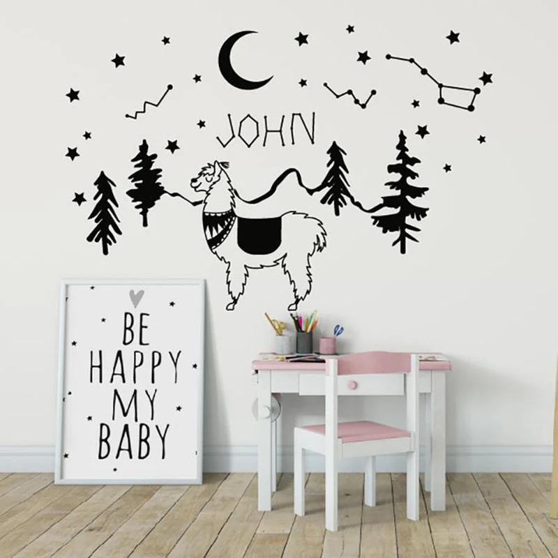 

Llama Wall Decals Name Vinyl sticker Name Llama Alpaca Mountains Pine Wood Tree Wall Mural Art Bedroom Playroom Nursery HY888