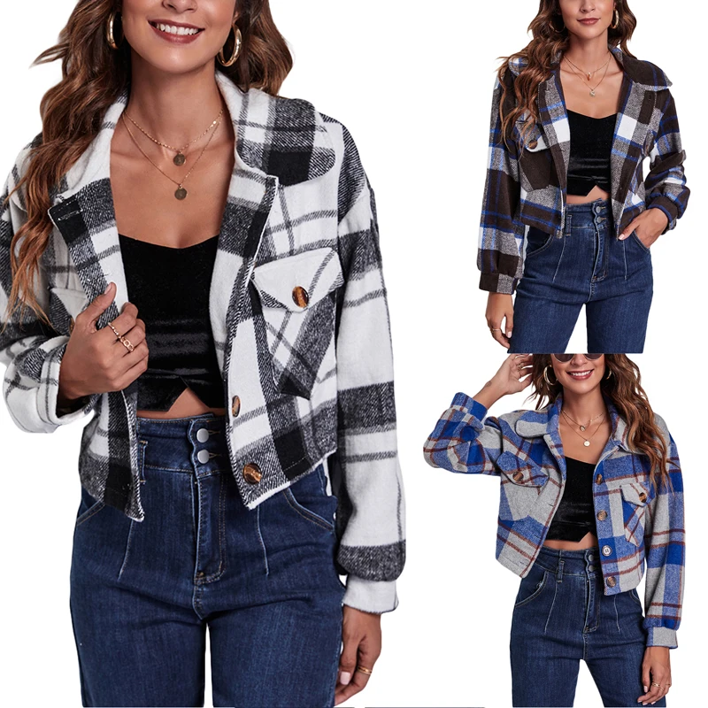 

Женская Повседневная куртка, клетчатый укороченный топ с длинными рукавами-фонариками, застежкой на пуговицах и нагрудным карманом