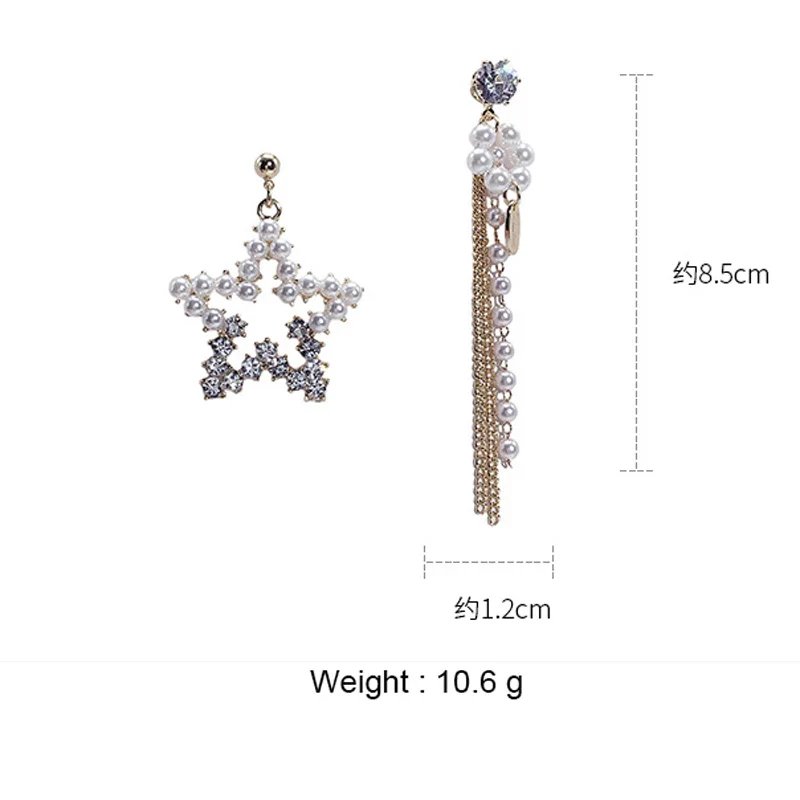 

USTAR Pearl Star Long Tassel Drop Earrings for Women Asymmetric crystal Dangle Earrings Wedding Party Jewelry Gifts