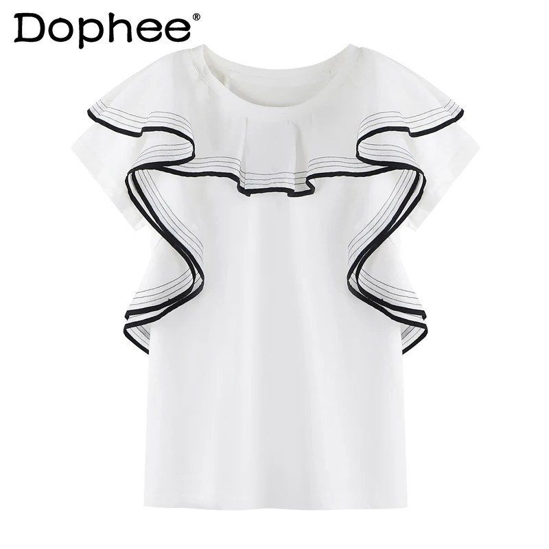 

Ruffled Stitching Short Sleeve Tshirt Contrast Color Loose Pure Cotton T-shirt Female 2021 Summer New Elegant Tee for Women