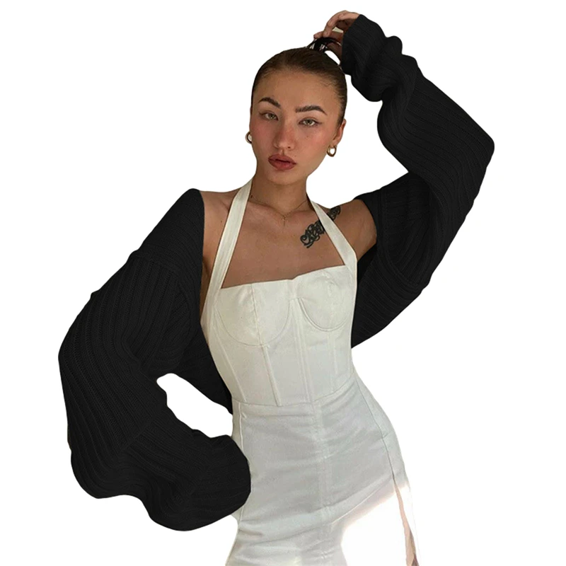 

Hirigin Women Ultra-short Knitted Sweater Coat Sexy Style Simple Solid Color Loose Version Clothing