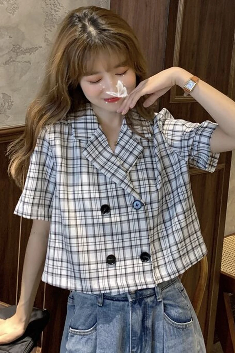

Women's Blouses and Shirts Plaid shirt and a suit female thin style French summer chic shirts with short sleeves design