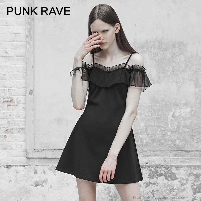 

PUNK RAVE Women's Gothic Style Daily Sexy Small Black Dress Summer Chiffon Party Strap Off The Shoulder Women Dresses
