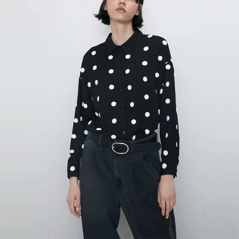 

Autumn casual shirt female long-sleeved shirt lapel solid color embroidery